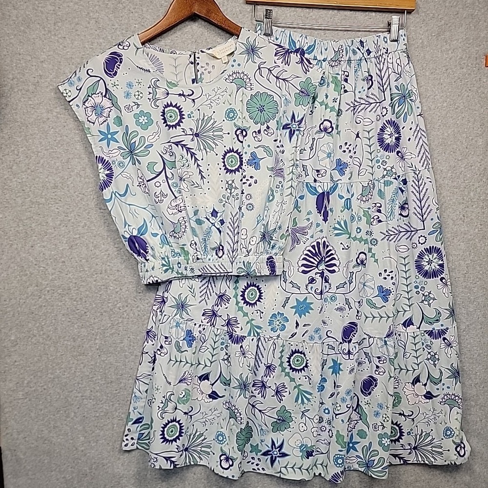 Sheridan French Tuckernuck Maxi Skirt/Top 2 Pc Set Floral Blue Purple Boho Sz XS